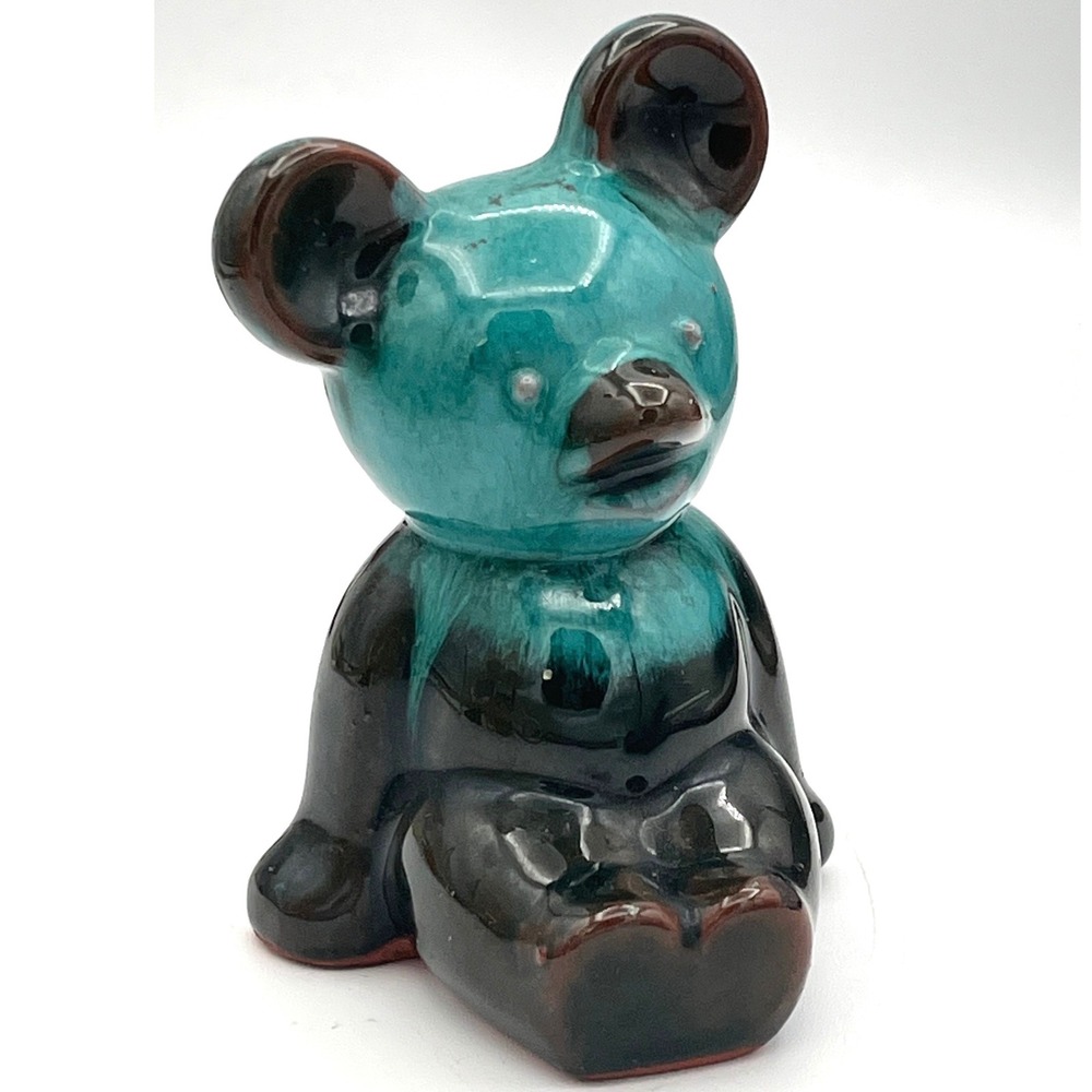 Vtg Canadiana Pottery Bear MCM Green Black Drip Glaze Signed Gold Script Redware
